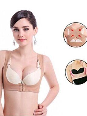 Women Chest Brace Up Hunchback Posture Shape Corrector X Strap Vest (M, Beige)